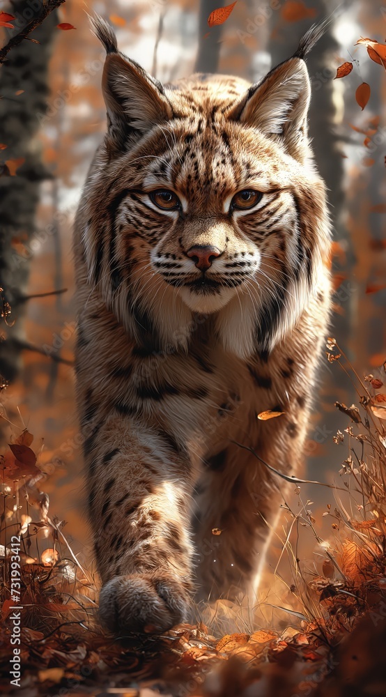Fototapeta premium a lynx walks in the forest and looks into the camera created by AI