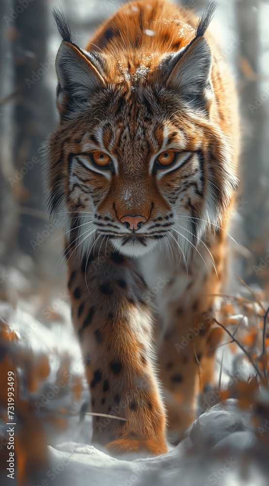 Obraz premium a lynx walks in the forest and looks into the camera created by AI