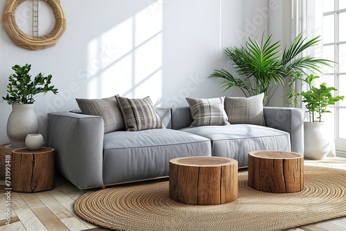 Creative composition of stylish modern spacious living room with grey sofa, wooden cubes, pillows, plaid, carpet, white vases and small personal accesories. Copy space. Template. photo