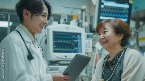 Handsome asian doctor with tablet converses cheerfully with elderly dialysis patient in hospital, amidst dialysis equipment.generative ai