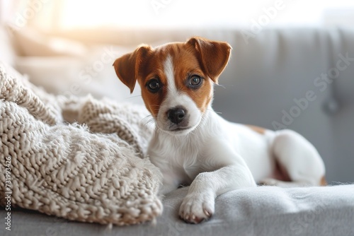 Curious Jack Russell Terrier puppy looking at the camera busking in the sunlight. Adorable doggy with folded ears, alone on the couch at home. Close up, copy space, cozy interior background. © Azar