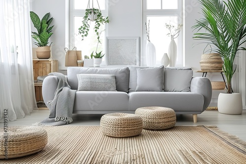 Creative composition of stylish modern spacious living room with grey sofa, wooden cubes, pillows, plaid, carpet, white vases and small personal accesories. Copy space. Template.