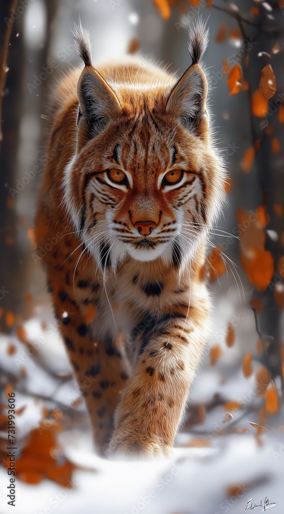 Fototapeta premium a lynx walks in the forest and looks into the camera created by AI