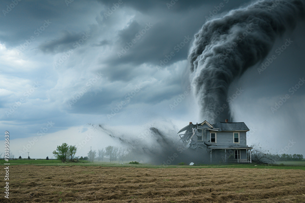 Fototapeta premium A tornado destroying a house, extreme weather conditions