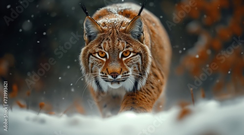 a lynx walks in the forest and looks into the camera created by AI