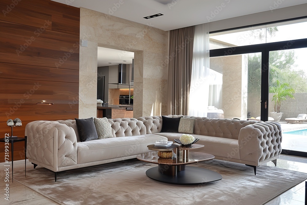 Elegant interior, living room with beige velvet sofa.