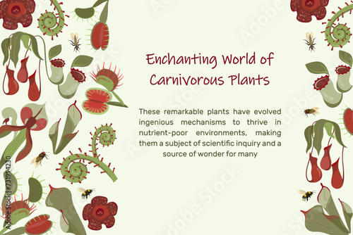 Social media post background. Beautifull banner with exotic carnivorous plants. Frame with unusual rare wild flowers Rafflesia, Nepenthes, Venus flytrap. Template design. Editable vector illustration