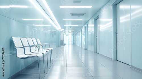 An empty hospital corridor with seating along the walls, illuminated by bright overhead lights, reflecting on a shiny tiled floor, creating a clean and sterile environment.
