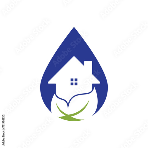 Home leaf drop shape concept vector logo design. Fresh home icon with green leaf vector logo design