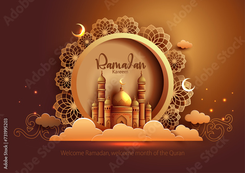 Ramadan Kareem art greetings with golden mosque and brown  background. abstract vector illustration design. photo