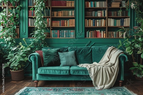 Grünes Sofa vor Wand im Wohnzimmer.