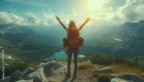girl hiking mountains and celebrating successful ascent raising hands,generative ai photo