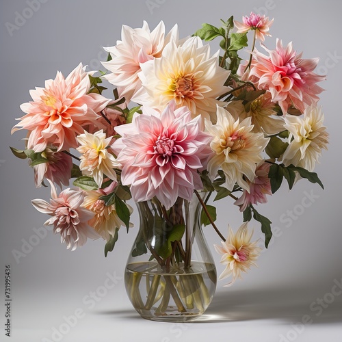 Glass of fresh Dahlias flowers in glass vase with water.