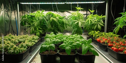 Indoor grow room with vegetation and plants growing under full-spectrum LED lighting