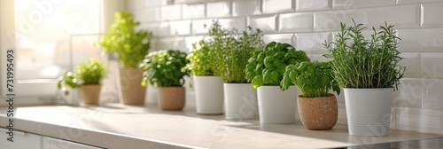 Growing herbs and spices on kitchen countertop