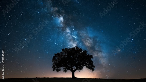 A lone tree illuminated by a starry sky  with a warm glow on the horizon.