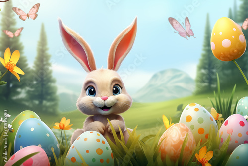 greeting card with title Happy Easter. Cartoon spring scene with cute colored eggs and ears of a bunny. Holiday background with trees, bushes and place for text © Nadtochiy