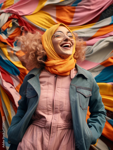 modern colorful stylish outfit photoshoot of a muslim hijab woman in dynamic shot happy and positive for modest trendy arab women fashion as wide banner with copysapce 