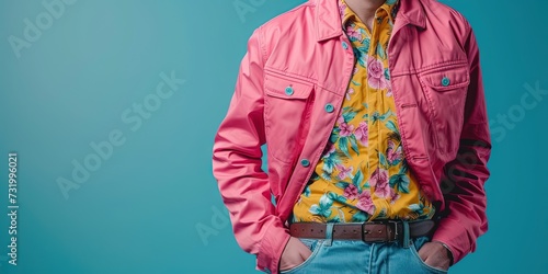 Retro 1990s fashion with colorful clothing. Model standing on blank background with copy space photo