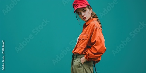 Retro 1990s fashion with colorful clothing. Model standing on blank background with copy space © Brian