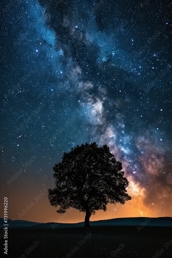 Silhouette of a single tree against a mesmerizing star-filled night sky. Silhouette of a single tree against a mesmerizing star-filled night sky.