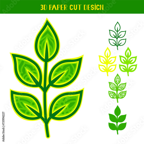 3D Leaf. Multi layered vector paper template. Flat style. Isolated on white background. Autumn leaf with mandala pattern. Decorative element for card, wall art.