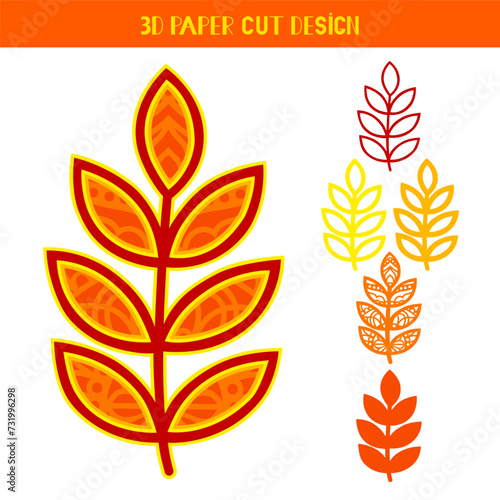 3D Leaf. Multi layered vector paper template. Flat style. Isolated on white background. Autumn leaf with mandala pattern. Decorative element for card, wall art.