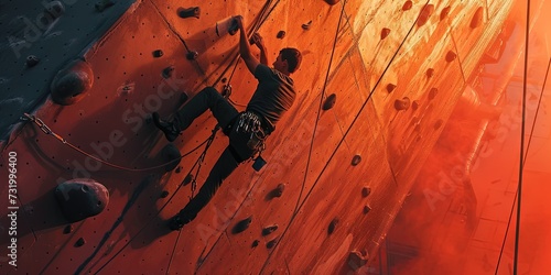 Rock climbing wall with climber scaling it