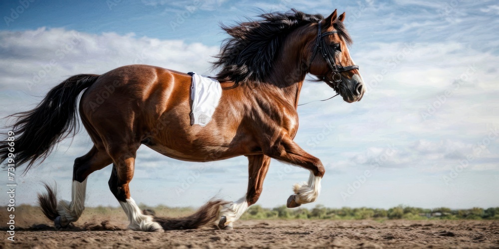 Fototapeta premium a brown horse galloping on a dirt field under a blue sky with wispy wispy clouds.