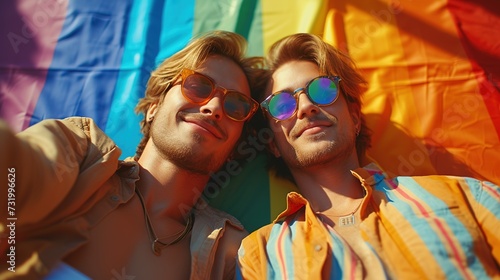 Two young men enjoy gay pride day affectionately with the LGBT flag