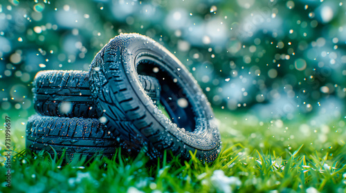 Car Tires Stacked, Winter and Safety Vehicle Equipment, Transportation and Automotive Theme