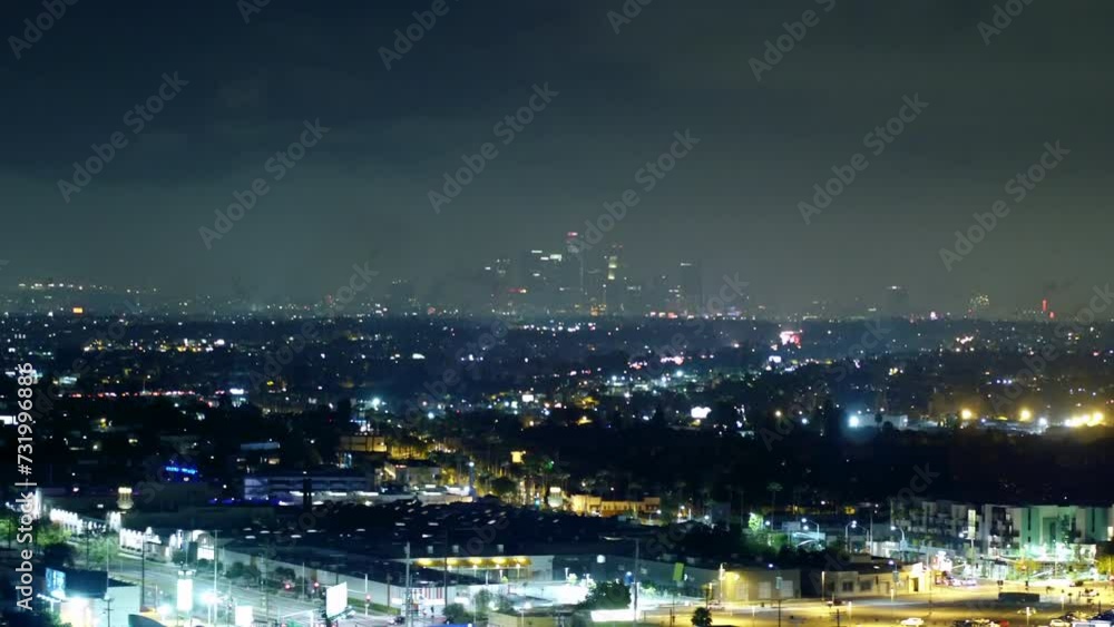 Aerial Panning Fireworks Celebration In Illuminated City At Night - Los Angeles, California Aerial Panning Fireworks Celebration In Illuminated City At Night - Los Angeles, California