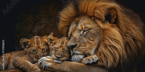 Father lion with baby cub. Parenting concept in the animal kingdom © Brian