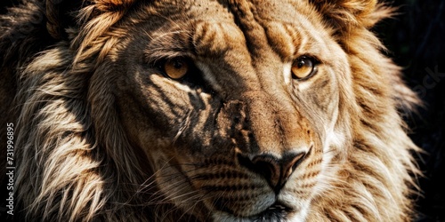 a close up of a lion's face with a blurry image of the lion's face in the background.