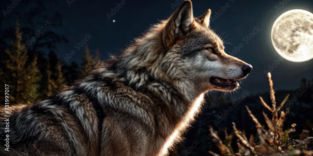 a wolf standing in front of a full moon with it's head turned to the side and it's eyes open.