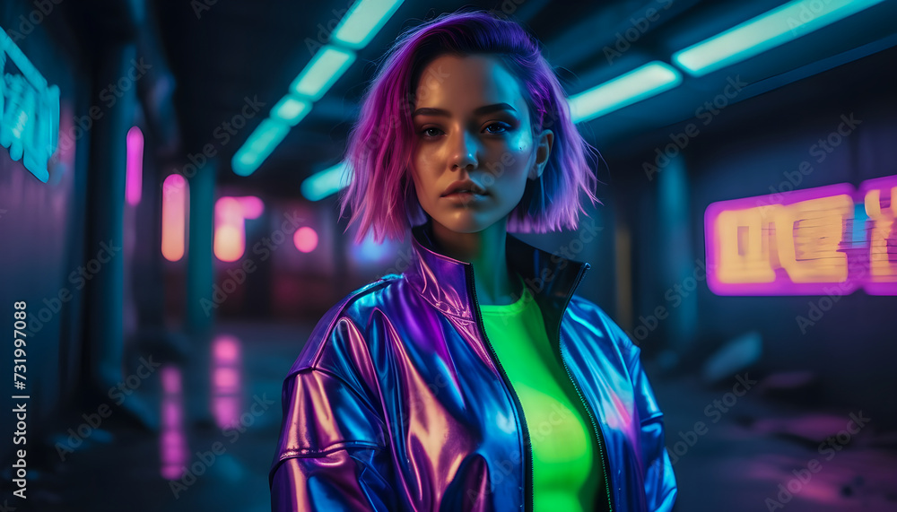 portrait of a beautiful cyberpunk style woman
