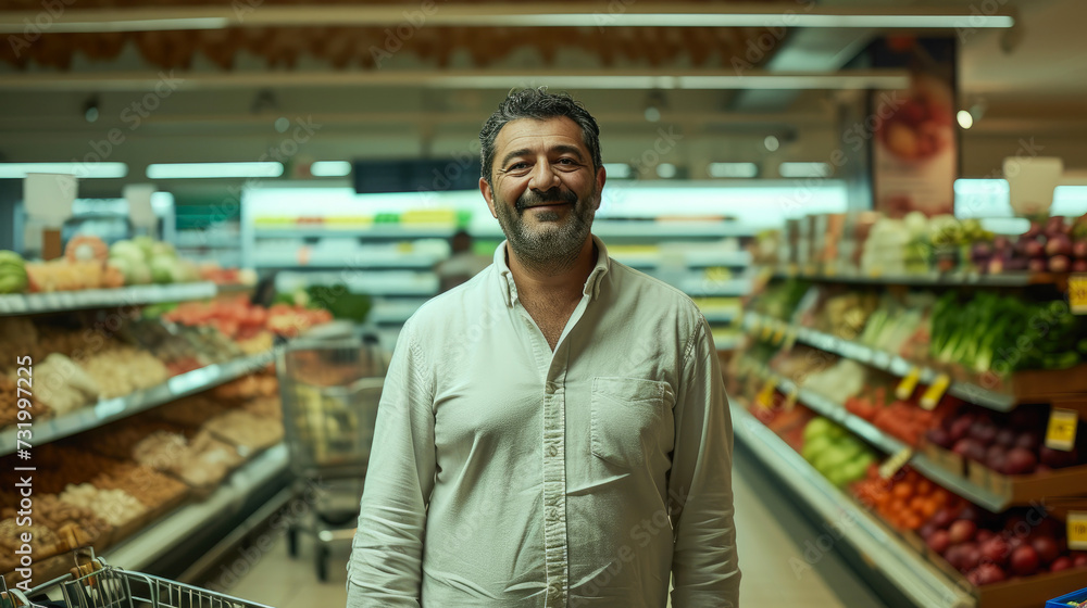 Successful Entrepreneur Smiling in Sunlit Supermarket
