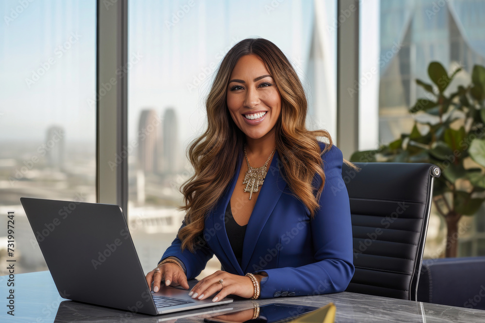 Confident Insurance Agent in Blue Suit Smiling at Desk Confident Insurance Agent in Blue Suit Smiling at Desk