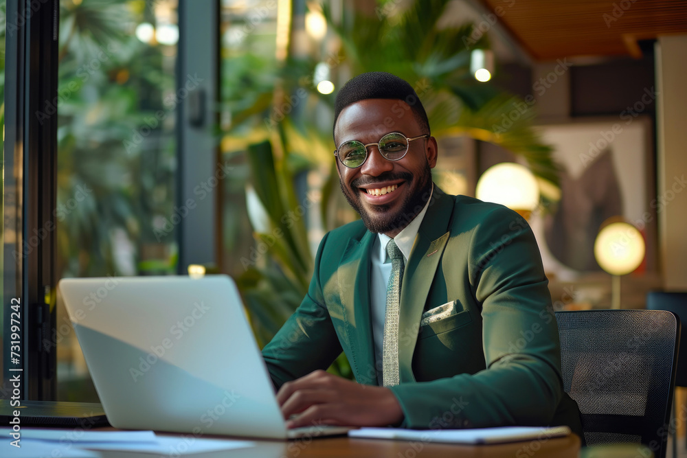 Confident Insurance Agent in Green Suit Smiling at Desk Confident Insurance Agent in Green Suit Smiling at Desk