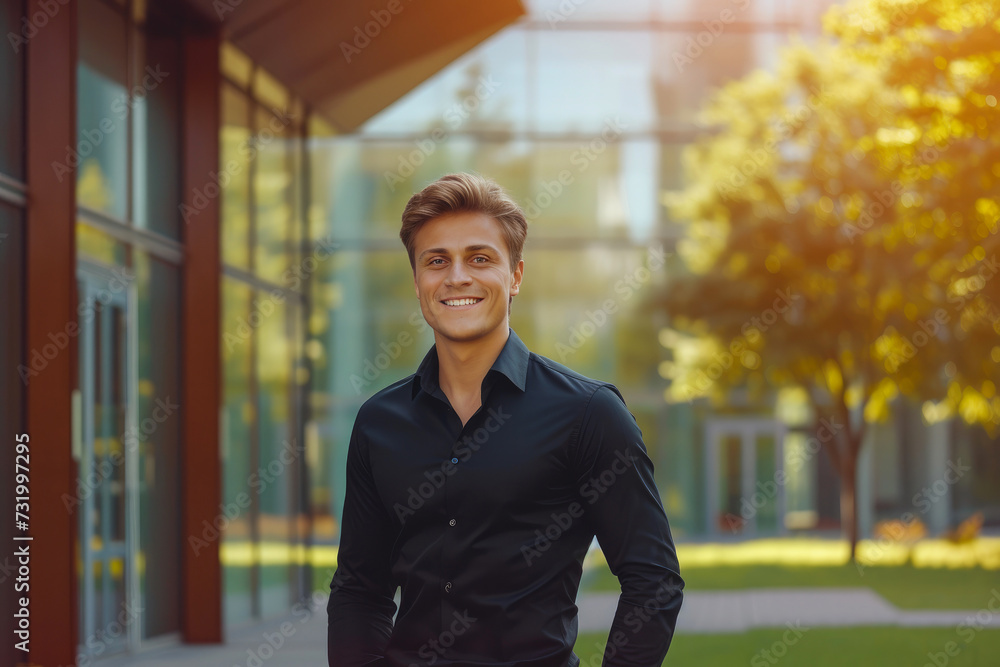 Successful Businessman Grinning in Front of Newly Acquired Property Successful Businessman Grinning in Front of Newly Acquired Property
