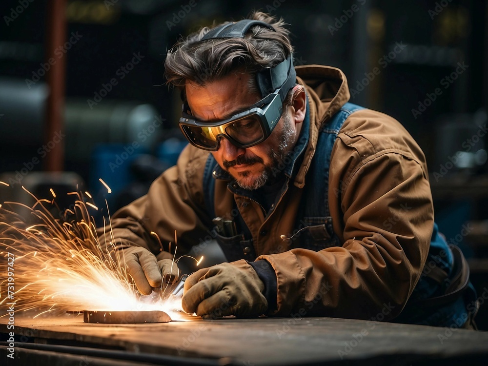 Skilled Workers wearing industrial uniforms and welded iron mask at steel welding. Ai generated Skilled Workers wearing industrial uniforms and welded iron mask at steel welding. Ai generated