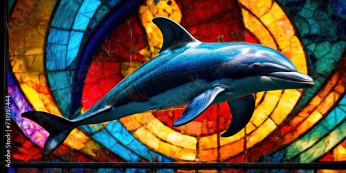 a statue of a dolphin in front of a stained glass window with a circular design on it's side. photo
