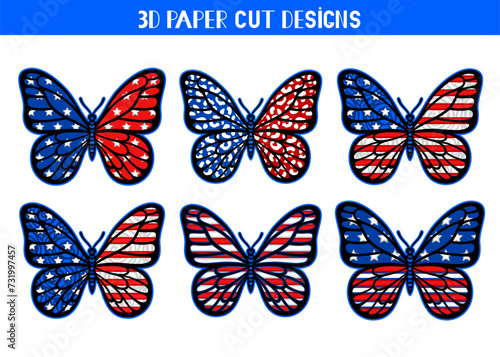 4th of July 3D Butterfly with USA flag set. Independence Day. Vector patriotic symbol. Layered insect. Paper or laser cut template, printing on t-shirt,sublimation. For card, banner, flyer.