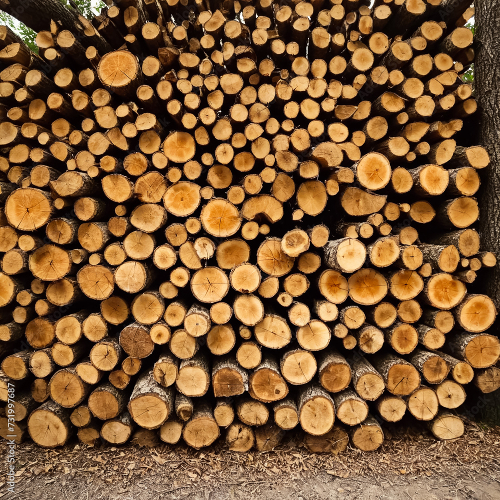 A pile of felled trees. Preparation of firewood. Generative AI A pile of felled trees. Preparation of firewood. Generative AI