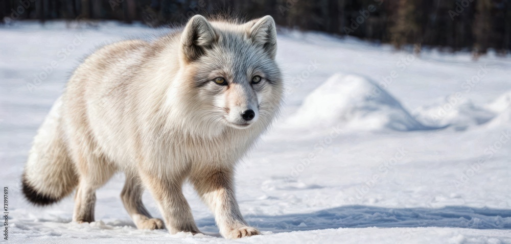 Fototapeta premium a close up of a wolf in the snow with trees in the backgroup and snow on the ground.