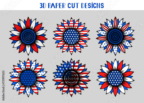 4th of July 3D Sunflower with USA flag. Vector set patriotic symbol. Layered sunflower paper or laser cut template, printing on t-shirt,sublimation. For card, banner, flyer. Independence Day.