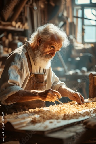Skilled elderly artisan woodworker creating in a sunlit workshop  surrounded by tools and wood pieces.