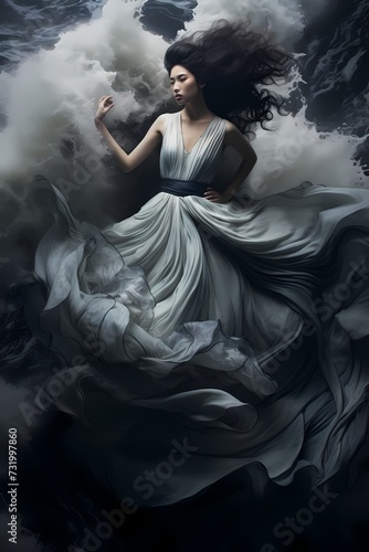 A dramatic image of a Korean model in a flowing gown, standing in the midst of a storm, capturing the power and resilience of beauty.