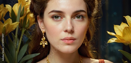 a close up of a person wearing a necklace and a necklace with flowers in front of her and a vase with flowers in front of her. photo