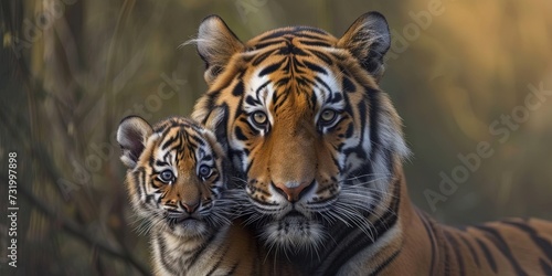 Mother tiger with baby cub. Parenting concept in the animal kingdom